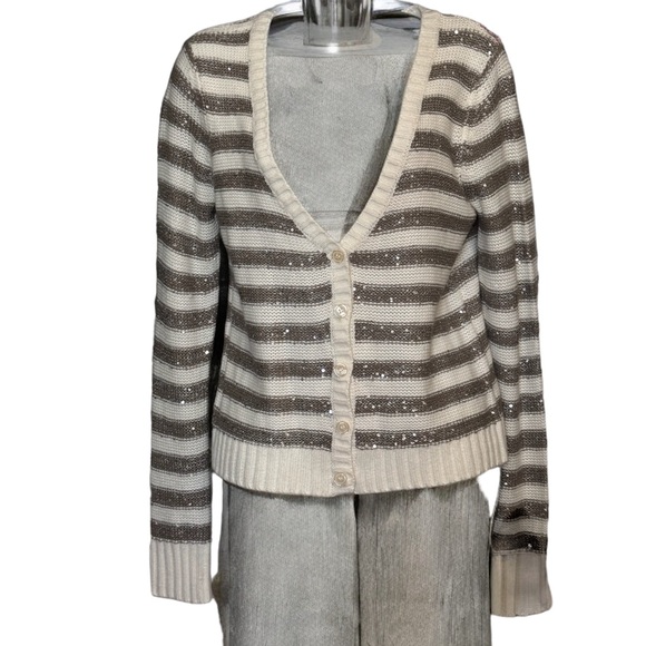 CROPPED STRIPED SEQUINED CARDIGAN/SWEATER. ARIZONA CABLE KNIT, 5 BUTTON UP STYLE - Picture 4 of 16